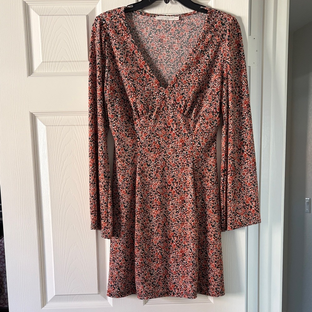 Lush Black, Orange and White Floral Dress With Long Bell Sleeves